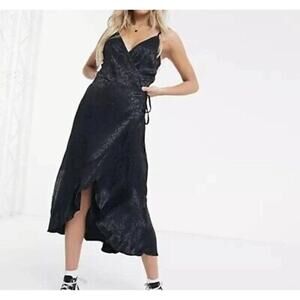 Abercrombie and Fitch Dress Womens Large Black Leopard Print Satin Wrap‎ Midi